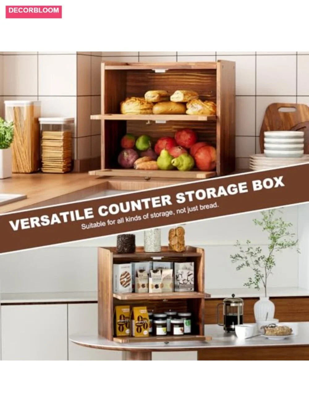 Wooden Bread Box Large 2 Layer Farmhouse Kitchen Countertop Storage with Window